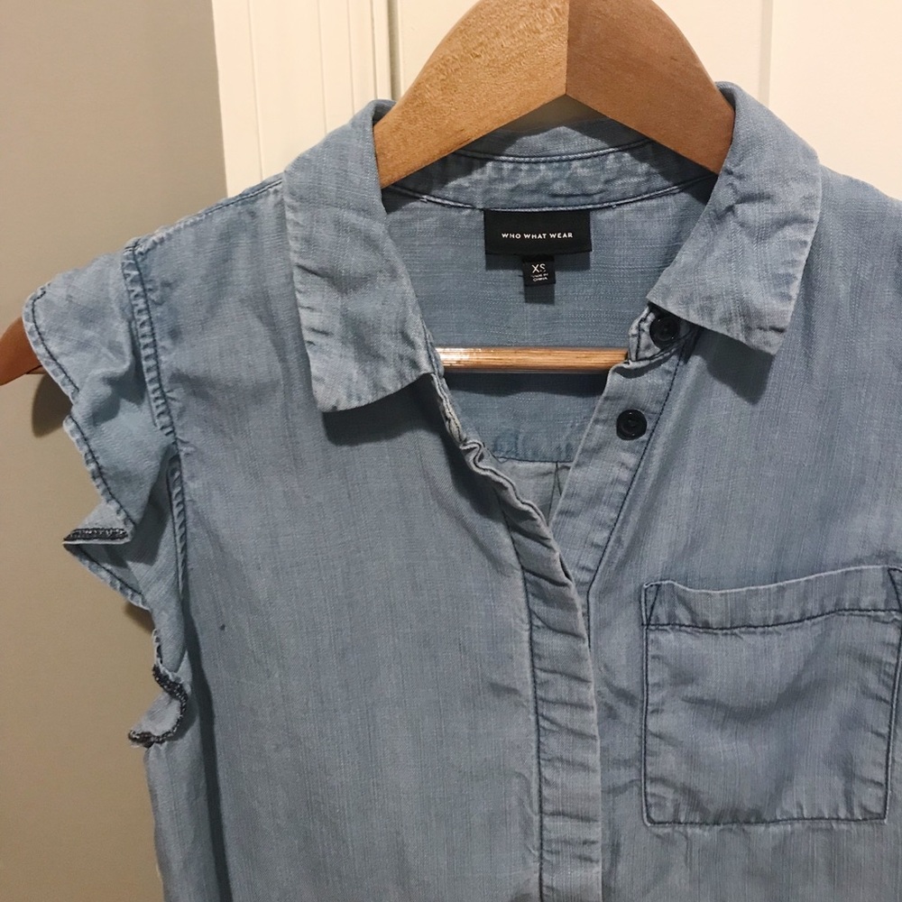 Chambray Button Down Ruffle Flutter Sleeve Blouse